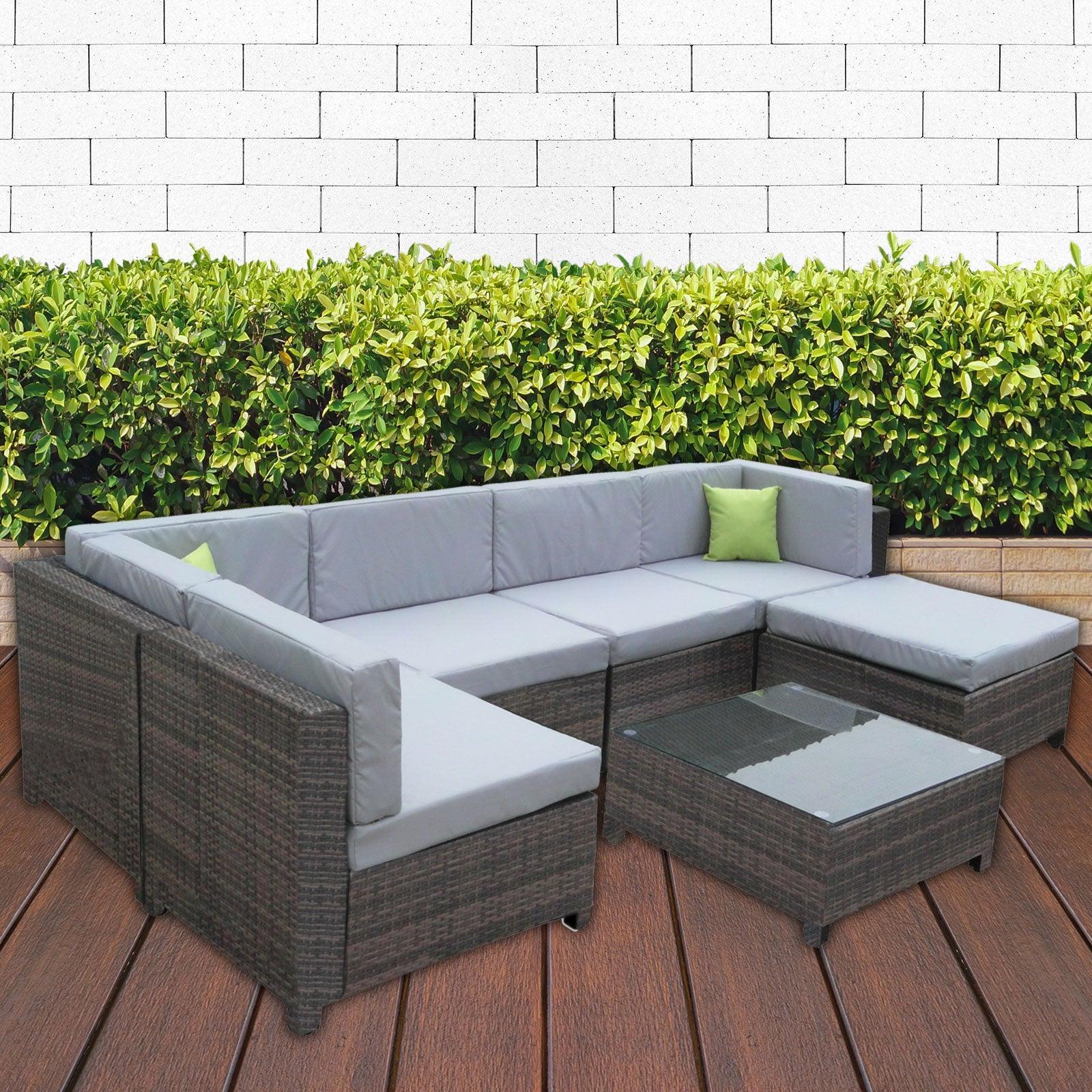 Milano 7 Piece Wicker Rattan Sofa Set Oatmeal Grey Outdoor Lounge Furniture - John Cootes