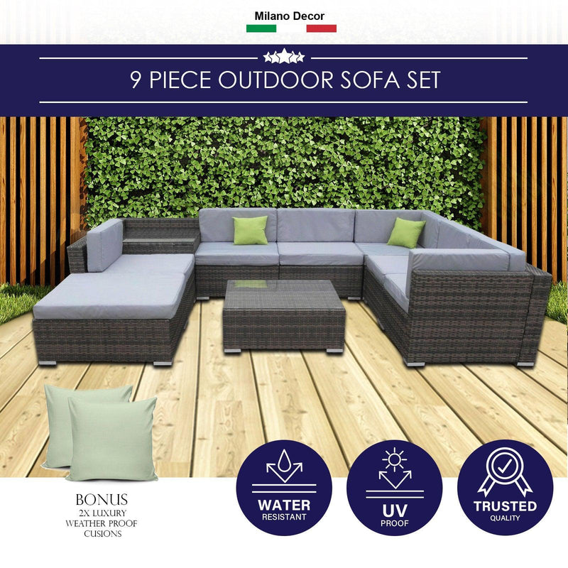 Milano 9 Piece Wicker Rattan Sofa Set Oatmeal Grey Outdoor Lounge Furniture - John Cootes