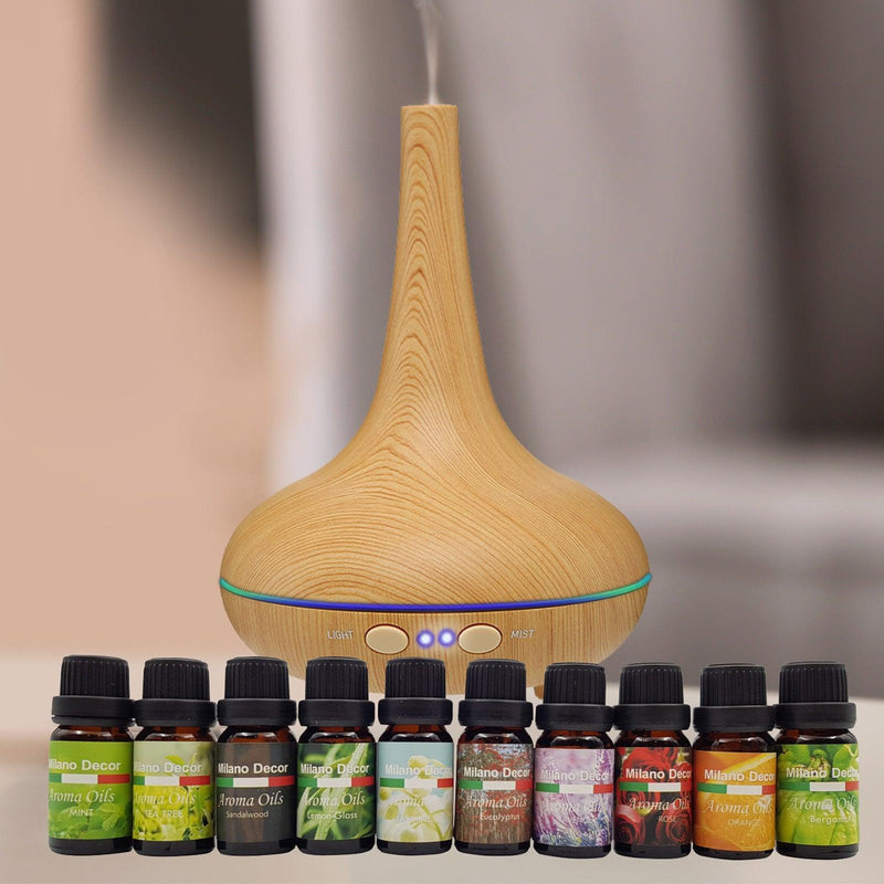 Milano Aroma Diffuser Set With 13 Pack Diffuser Oils Humidifier Aromatherapy - Light Wood - John Cootes