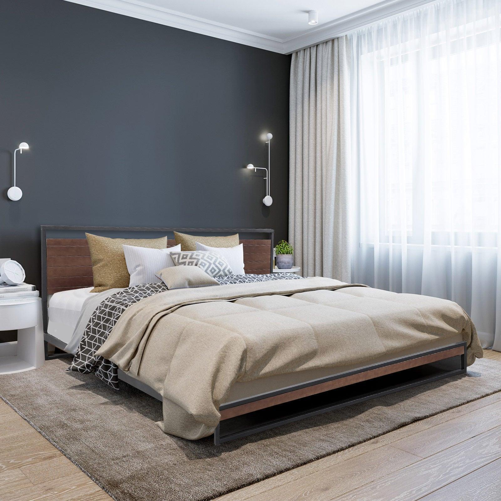 Milano Decor Azure Bed Frame With Headboard Black Wood Steel Platform Bed - Double - Black - John Cootes