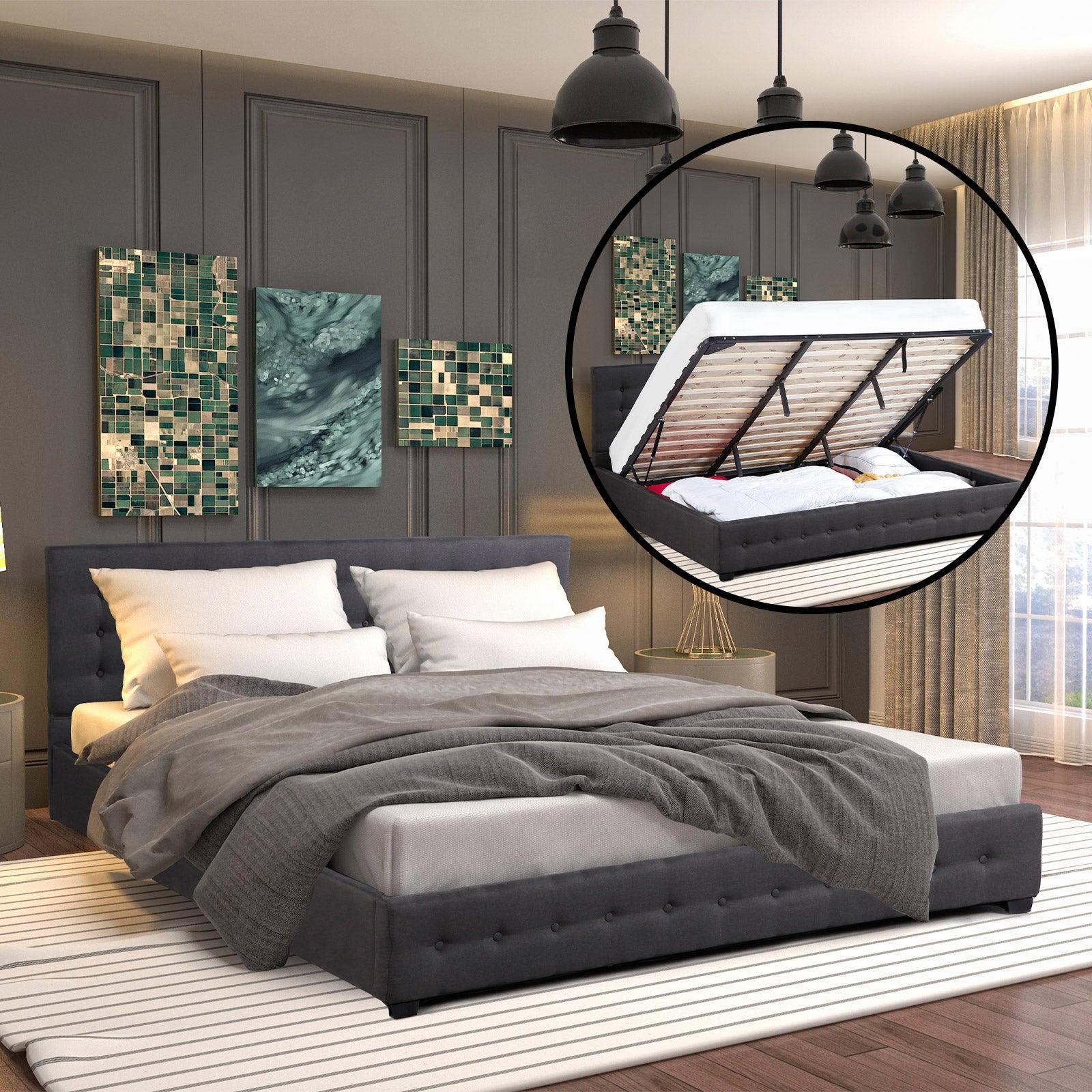 Milano Decor Eden Gas Lift Bed With Headboard Platform Storage Dark Grey Fabric - Double - Dark Grey - John Cootes