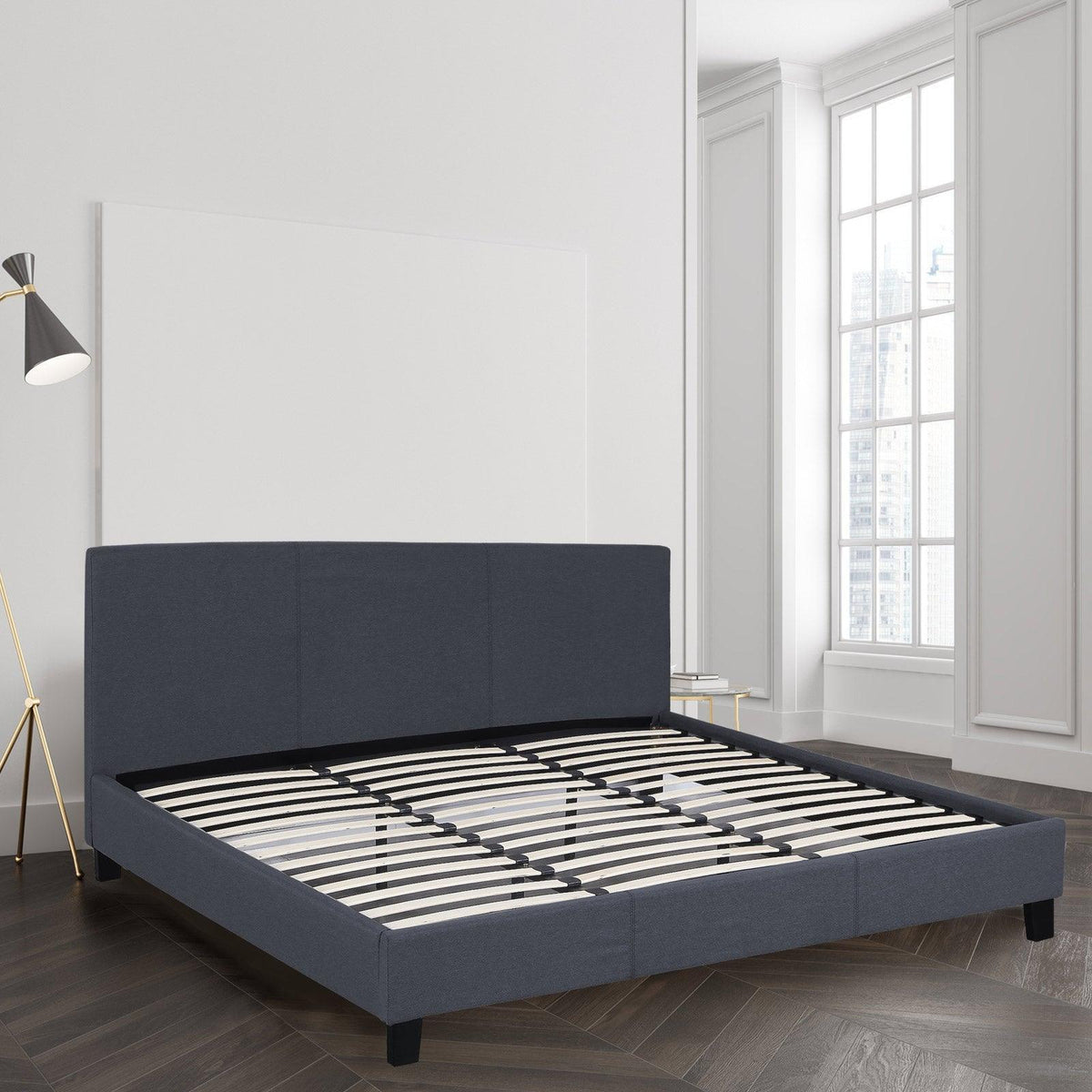 Milano Sienna Luxury Bed Frame Base And Headboard Solid Wood Padded Linen Fabric - King Single - Charcoal - John Cootes