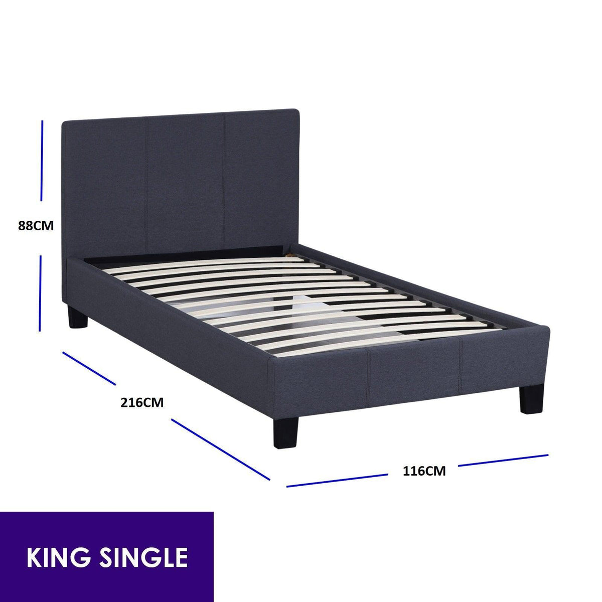 Milano Sienna Luxury Bed Frame Base And Headboard Solid Wood Padded Linen Fabric - King Single - Charcoal - John Cootes