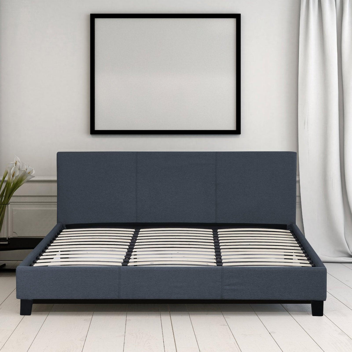 Milano Sienna Luxury Bed Frame Base And Headboard Solid Wood Padded Linen Fabric - King Single - Charcoal - John Cootes