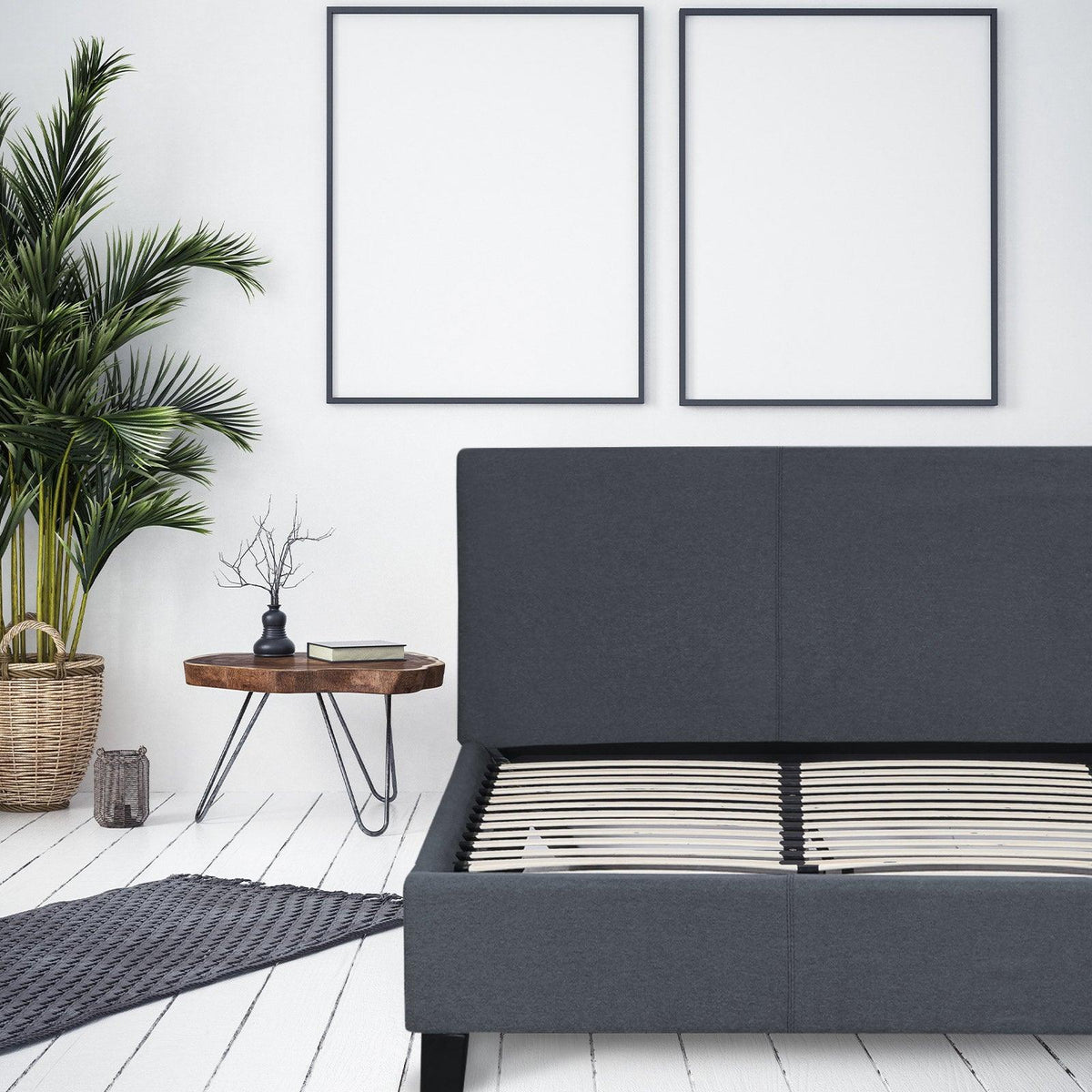 Milano Sienna Luxury Bed Frame Base And Headboard Solid Wood Padded Linen Fabric - King Single - Charcoal - John Cootes