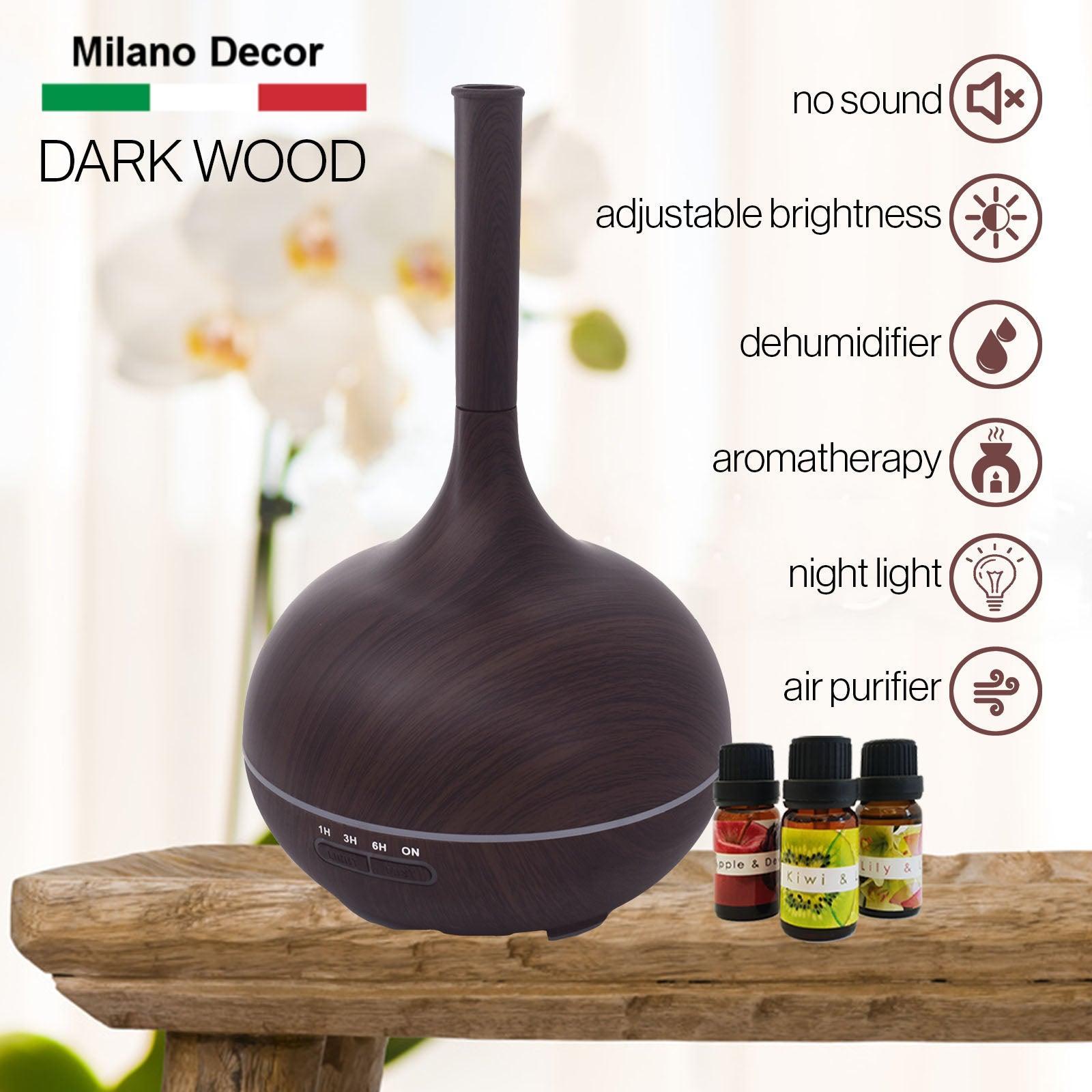 Milano Supreme Ultrasonic 400ml Aromatherapy Humidifier Diffuser LED with 3 Oils - Dark Wood - John Cootes