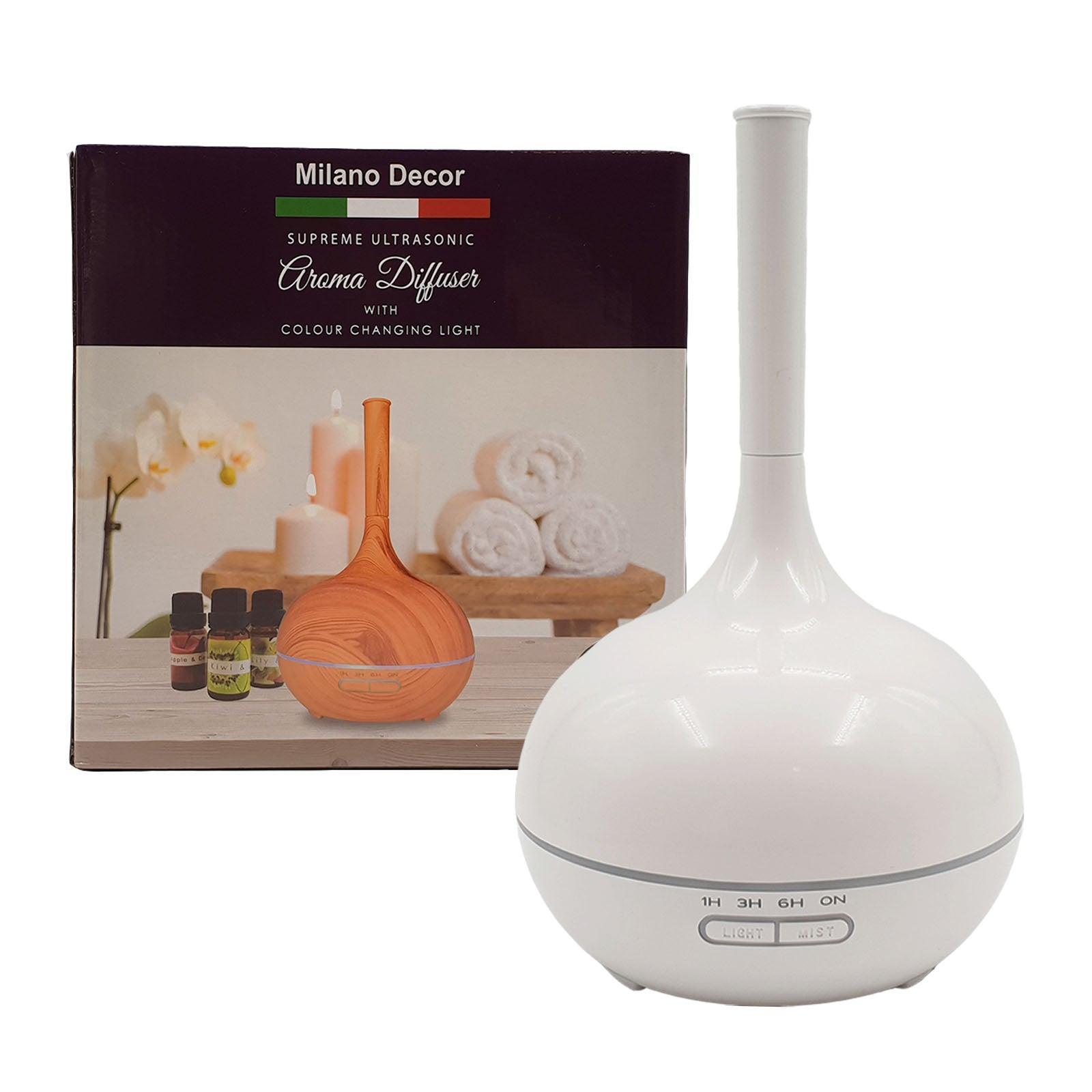 Milano Supreme Ultrasonic 400ml Aromatherapy Humidifier Diffuser LED with 3 Oils - White - John Cootes