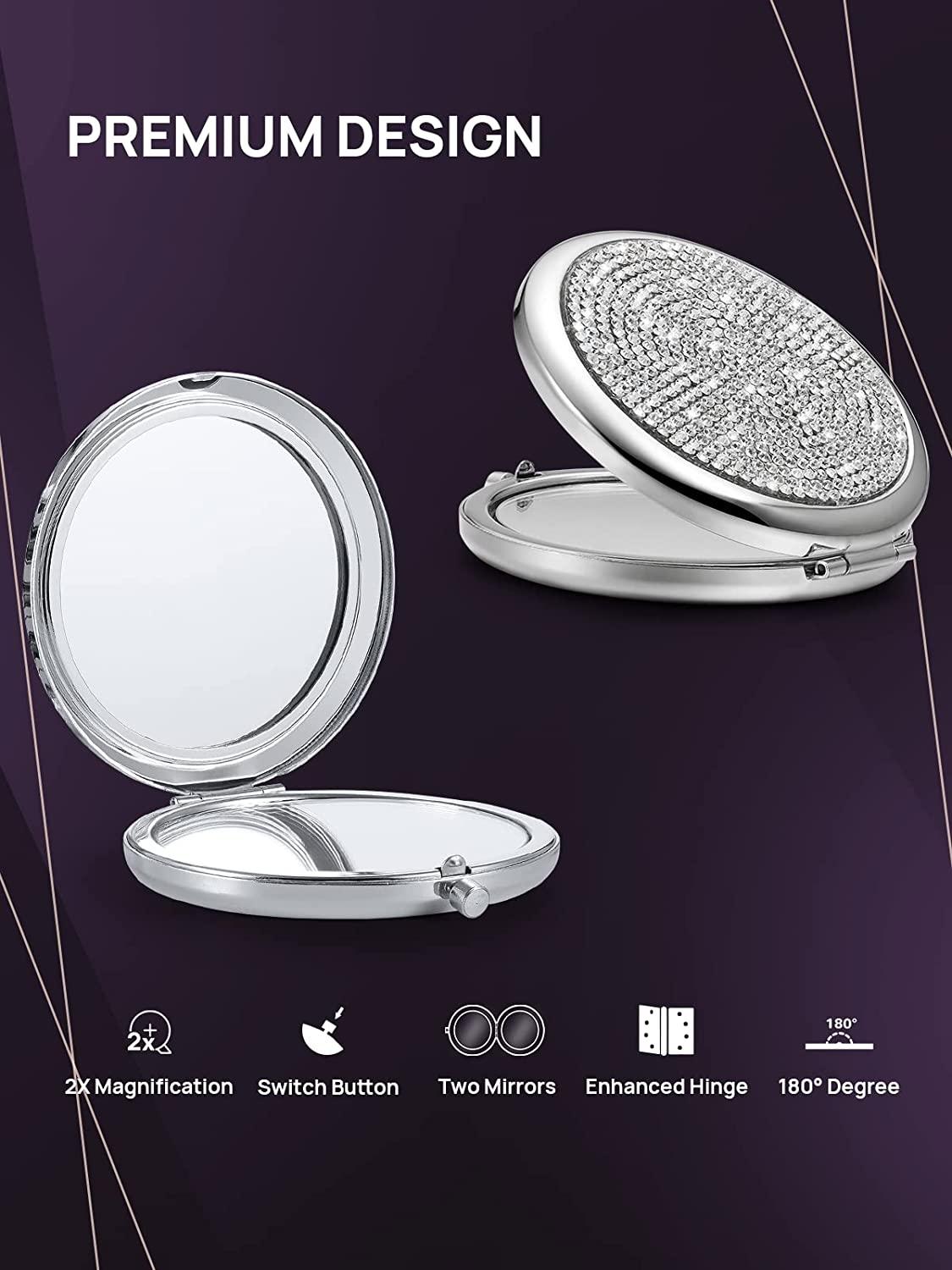 Mini Small Diamond 1X/2X Magnifying Round Metal Pocket Makeup Mirror (Silver) - John Cootes
