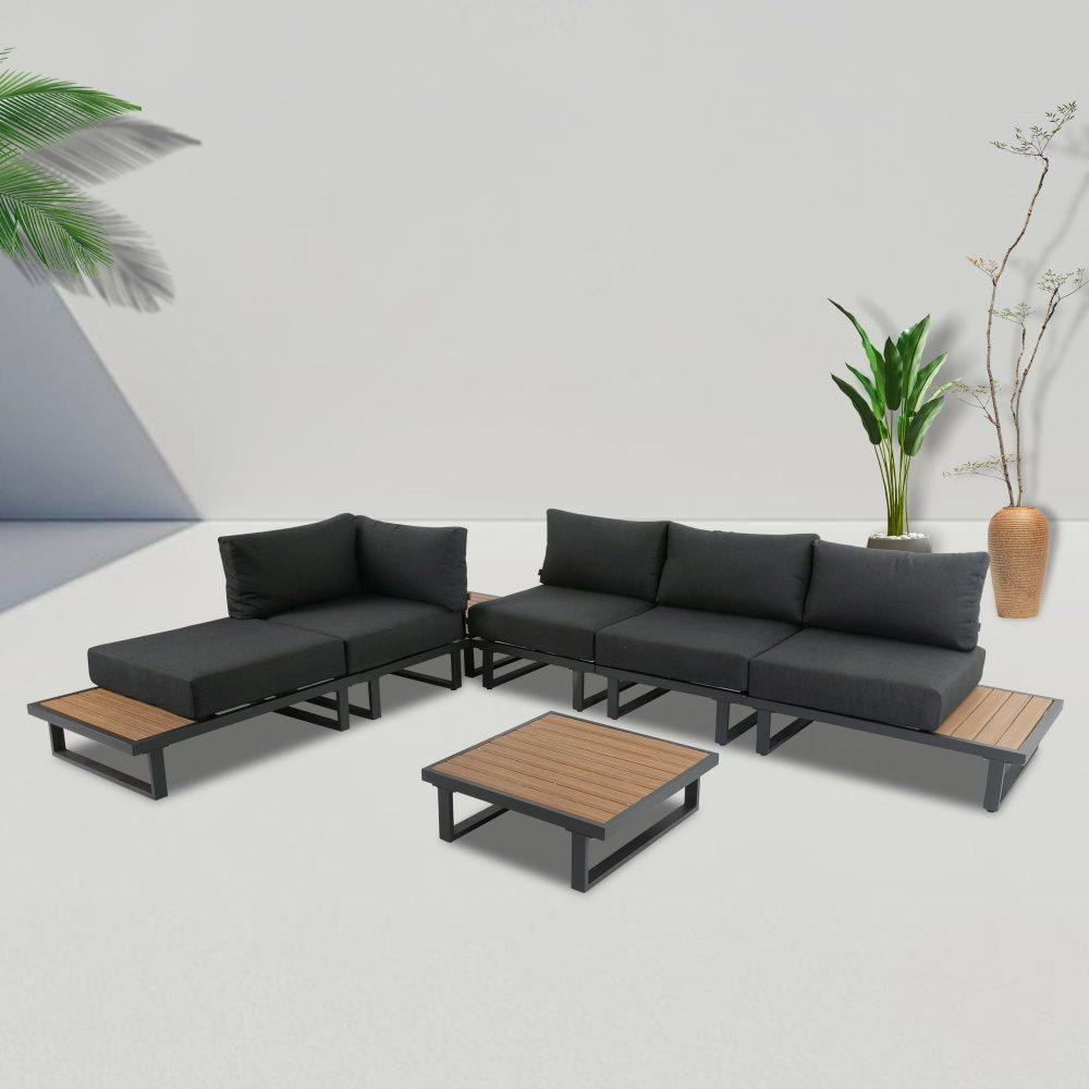 Modern Outdoor 7 Piece Lounge Set with Slatted Polywood Design Tables - John Cootes