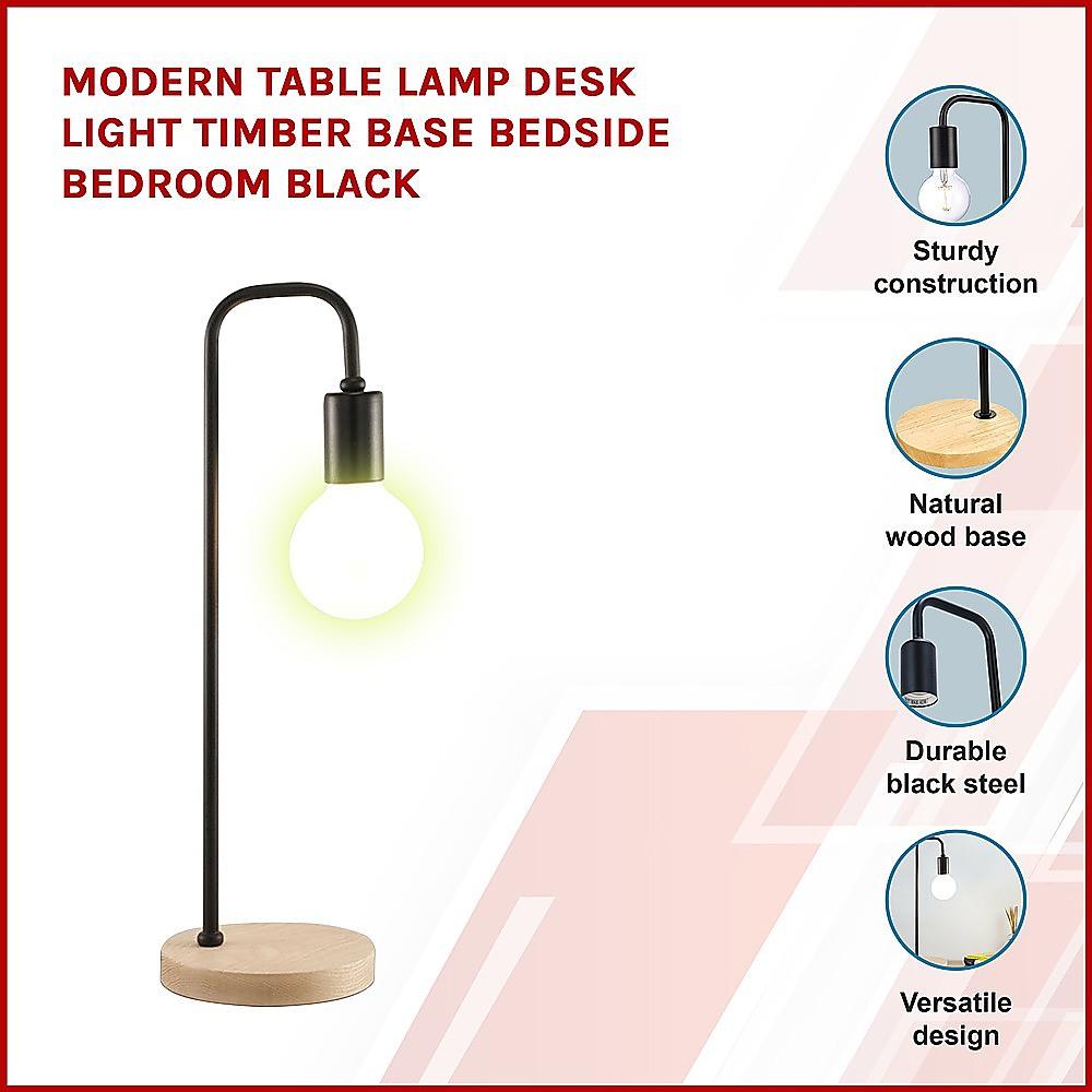 Modern Table lamp Desk Light Timber Base Bedside Bedroom Black - John Cootes