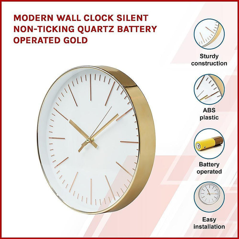 Modern Wall Clock Silent Non-Ticking Quartz Battery Operated Gold - John Cootes