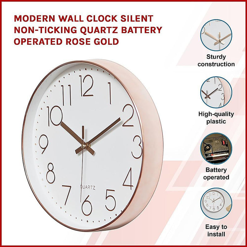 Modern Wall Clock Silent Non-Ticking Quartz Battery Operated Rose Gold - John Cootes