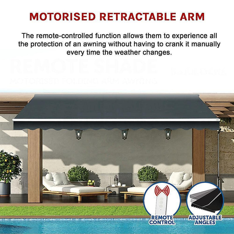 Motorised Outdoor Folding Arm Awning Retractable Sunshade Canopy Grey 4.0m x 3.0m - John Cootes