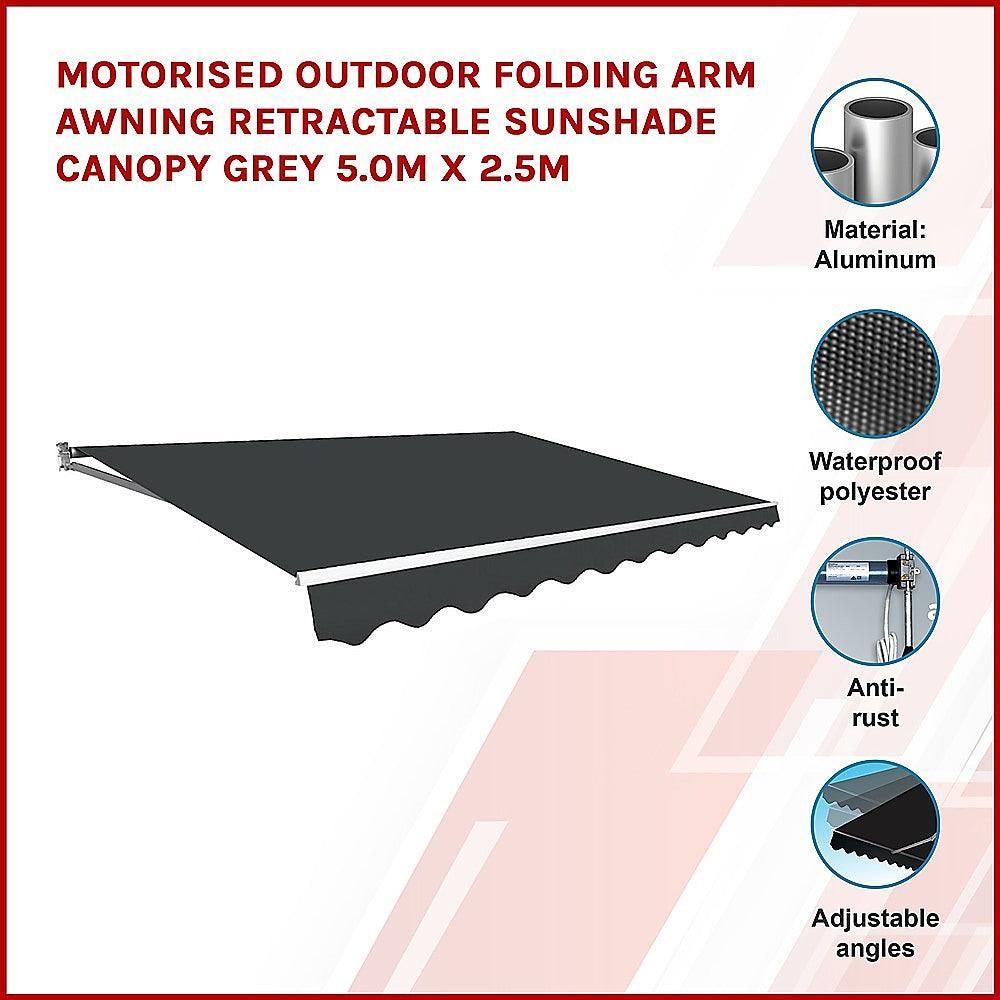 Motorised Outdoor Folding Arm Awning Retractable Sunshade Canopy Grey 5.0m x 2.5m - John Cootes