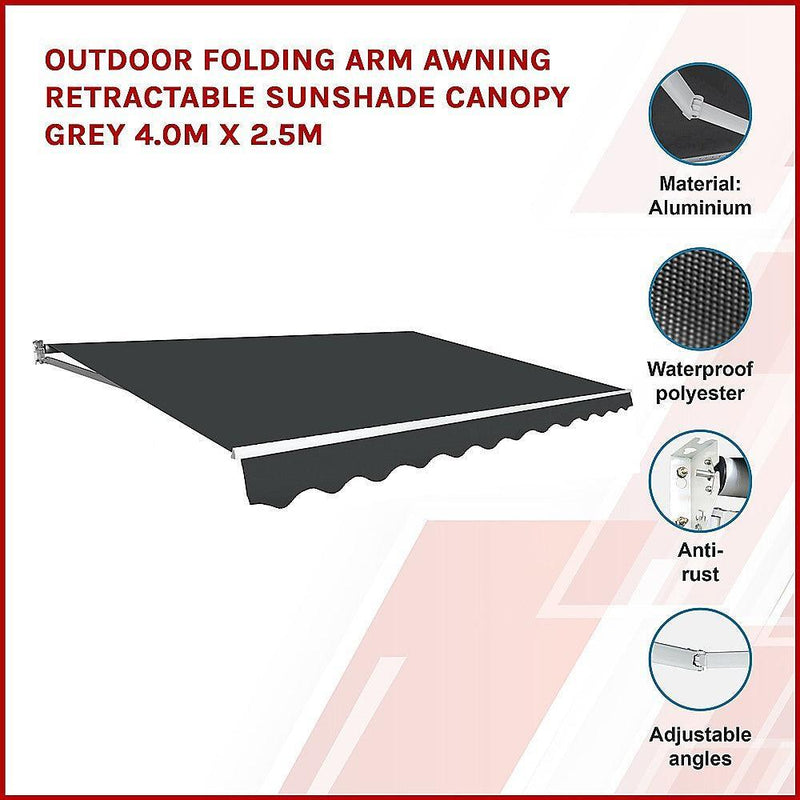 Outdoor Folding Arm Awning Retractable Sunshade Canopy Grey 4.0m x 2.5m - John Cootes