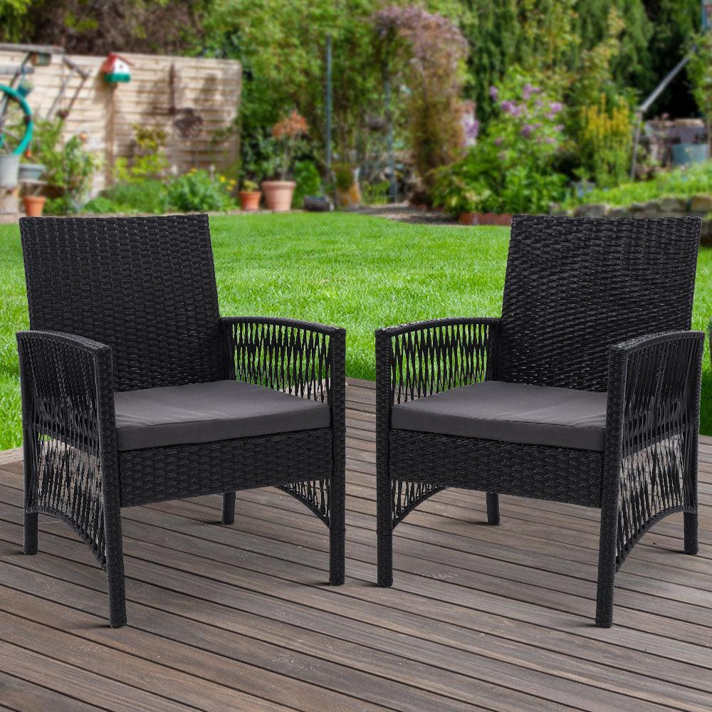 Outdoor Furniture Set of 2 Dining Chairs Wicker Garden Patio Cushion Black Gardeon - John Cootes