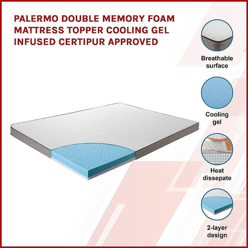 Palermo Double Memory Foam Mattress Topper Cooling Gel Infused CertiPUR Approved - John Cootes