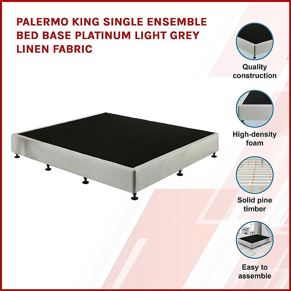 Palermo King Single Ensemble Bed Base Platinum Light Grey Linen Fabric - John Cootes