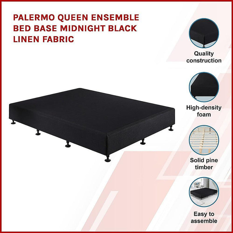 Palermo Queen Ensemble Bed Base Midnight Black Linen Fabric - John Cootes
