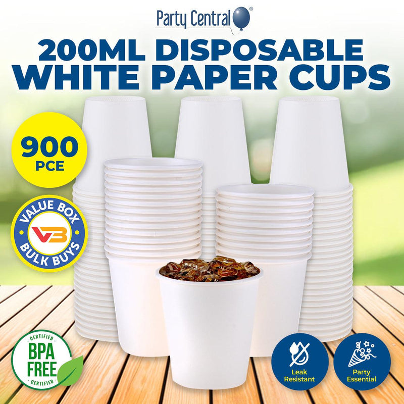 Party Central 900PCE White Paper Cups Disposable Leak Resistant 200ml - John Cootes