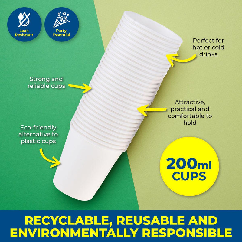 Party Central 900PCE White Paper Cups Disposable Leak Resistant 200ml - John Cootes