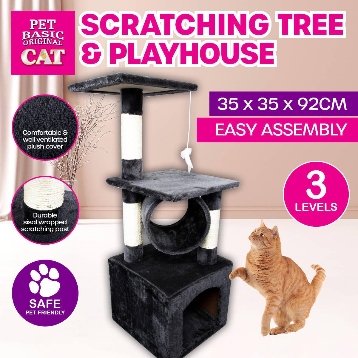 Pet Basic 3 Level Cat Scratch Tree &amp; Playhouse Fun Climb Rest 92 x 35cm - John Cootes