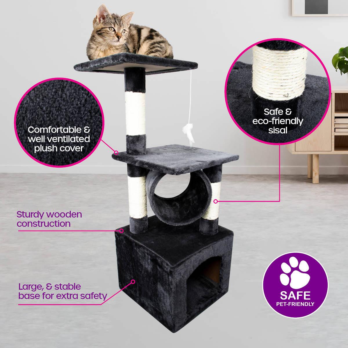 Pet Basic 3 Level Cat Scratch Tree &amp; Playhouse Fun Climb Rest 92 x 35cm - John Cootes