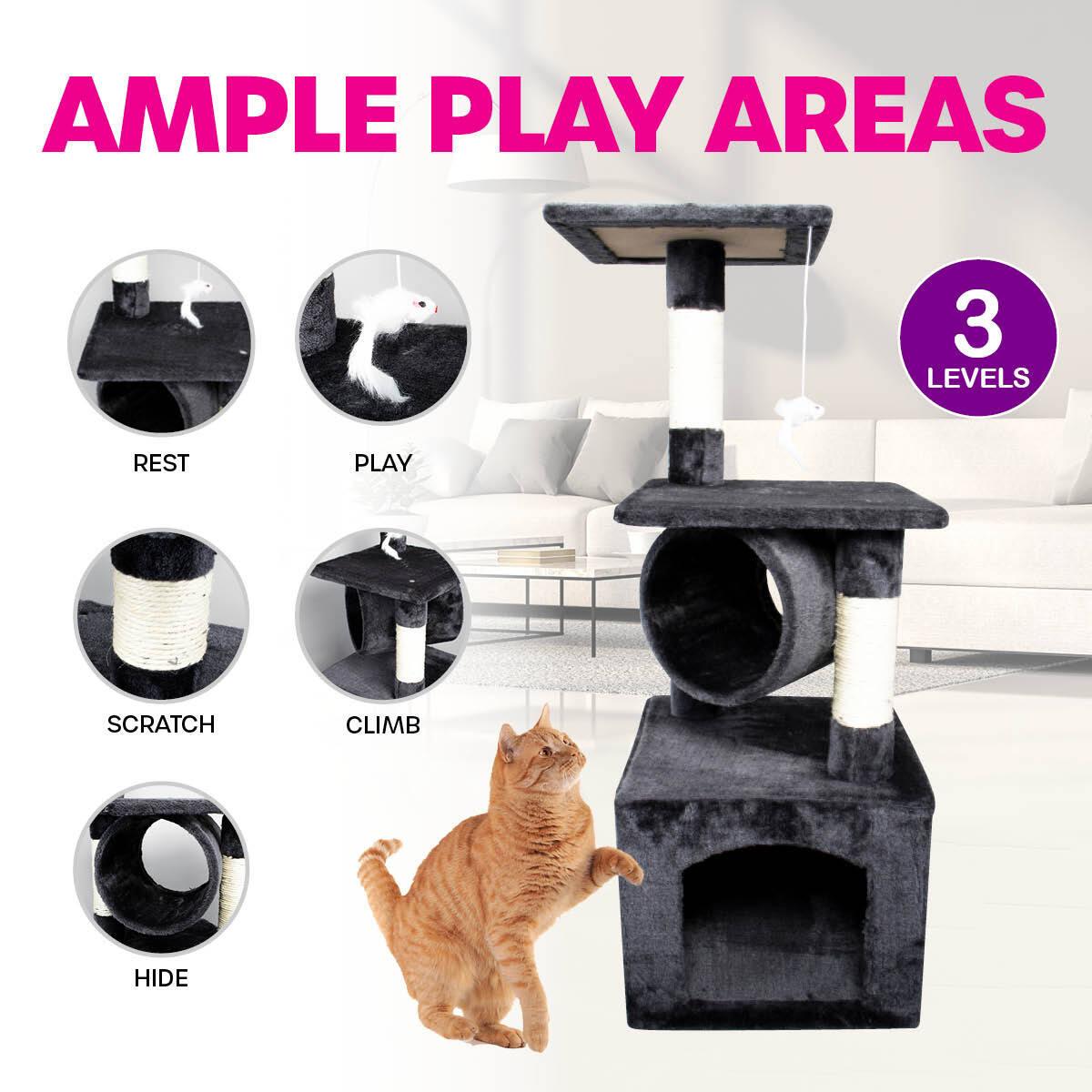 Pet Basic 3 Level Cat Scratch Tree &amp; Playhouse Fun Climb Rest 92 x 35cm - John Cootes