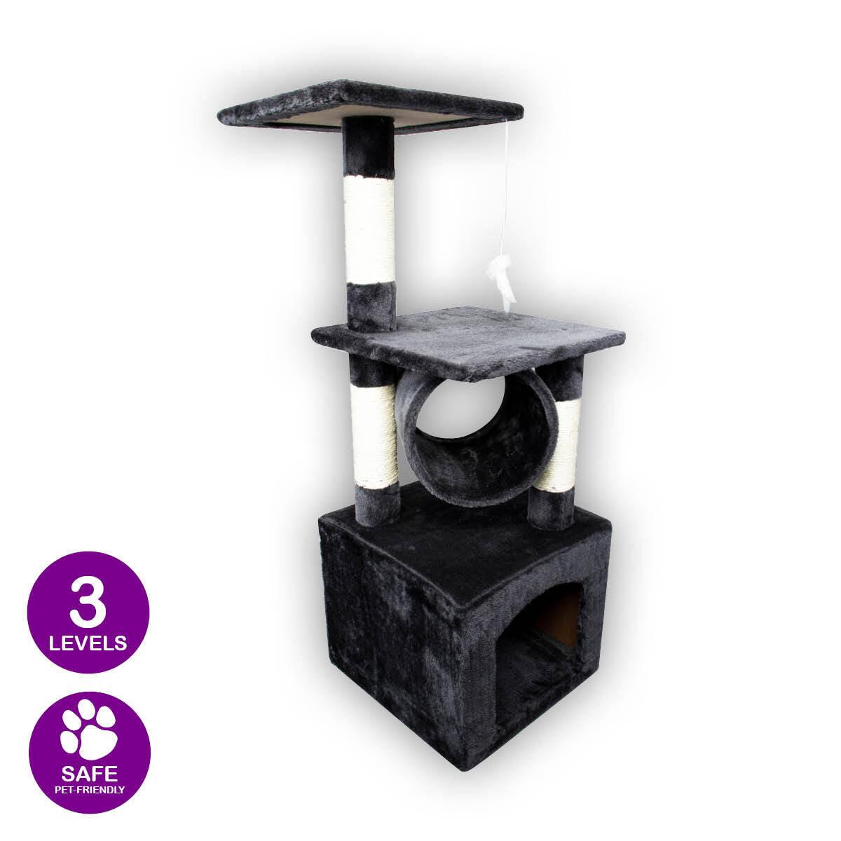 Pet Basic 3 Level Cat Scratch Tree &amp; Playhouse Fun Climb Rest 92 x 35cm - John Cootes