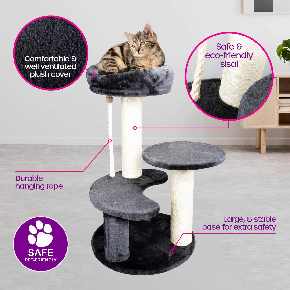 Pet Basic 3 Level Cat Scratching Tower &amp; Cosy Bed Scratch Climb 65 x 40cm - John Cootes
