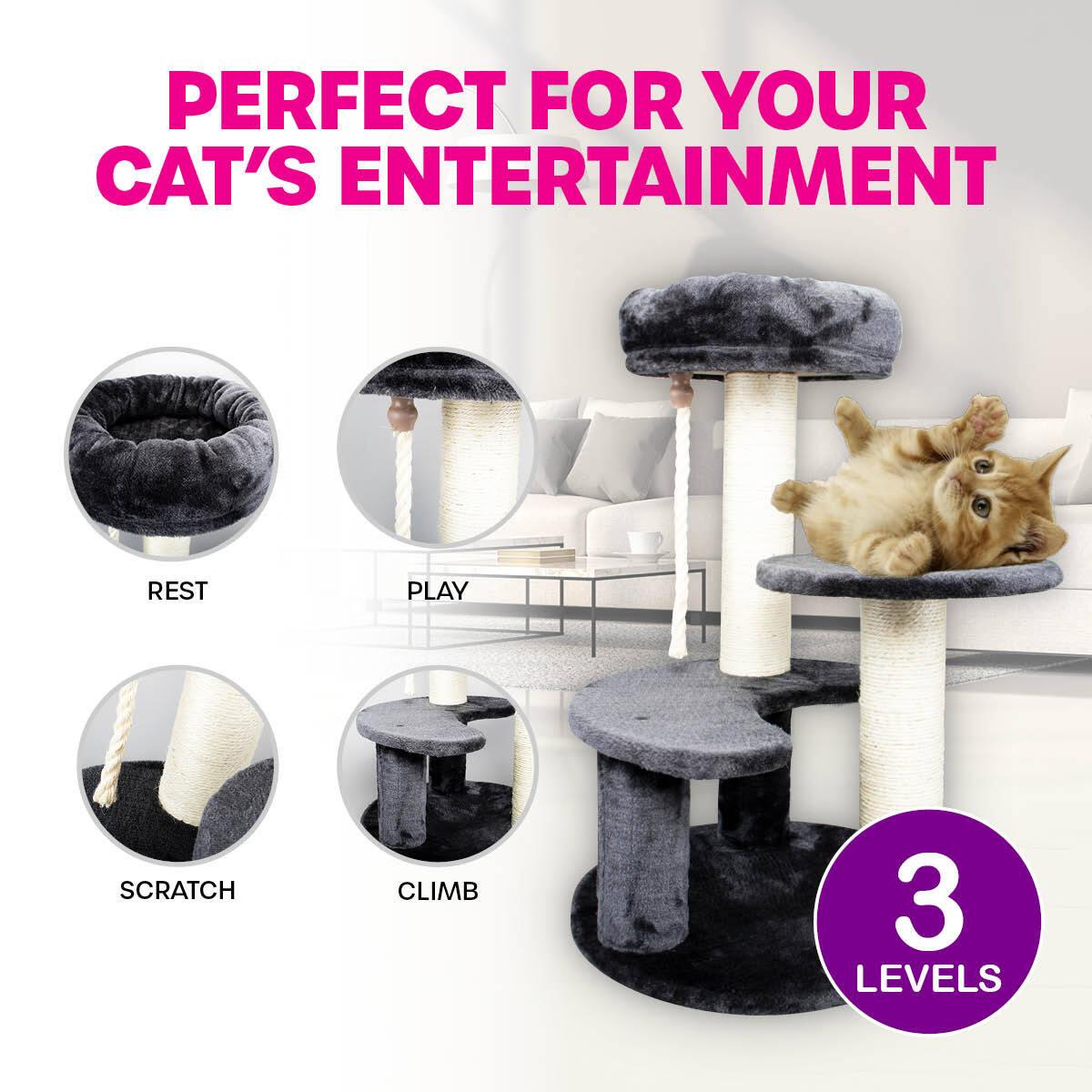 Pet Basic 3 Level Cat Scratching Tower &amp; Cosy Bed Scratch Climb 65 x 40cm - John Cootes