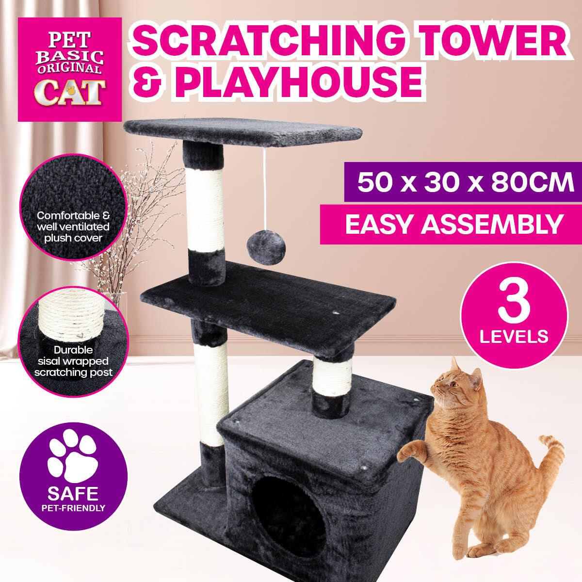 Pet Basic 3 Level Cat Scratching Tower &amp; Playhouse Scratch 80 x 40 x 50cm - John Cootes