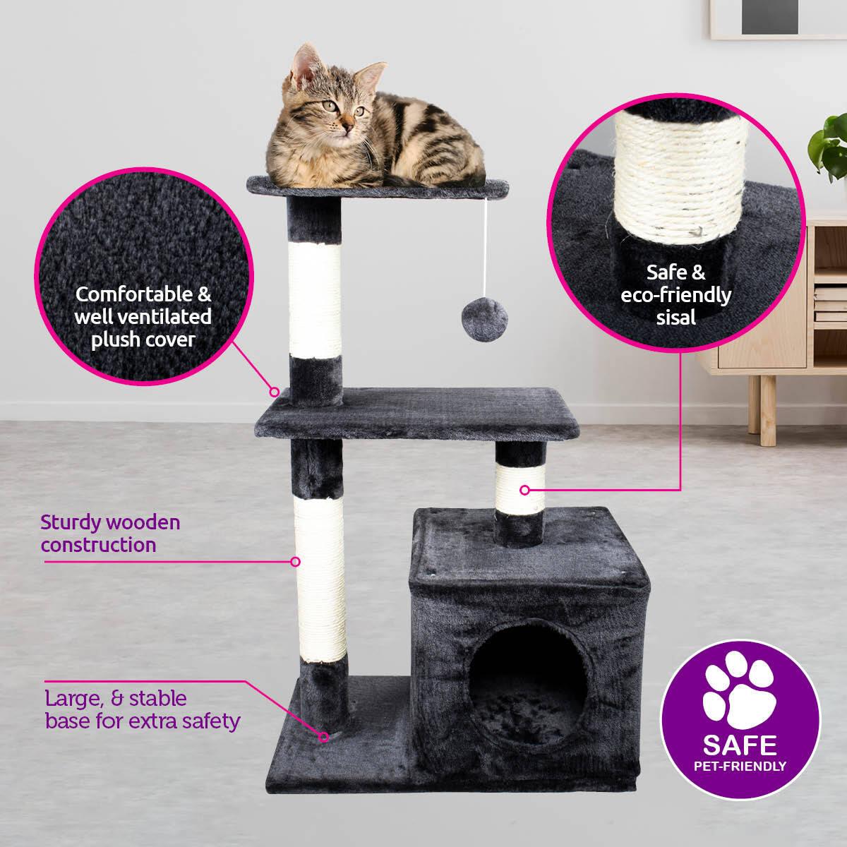 Pet Basic 3 Level Cat Scratching Tower &amp; Playhouse Scratch 80 x 40 x 50cm - John Cootes