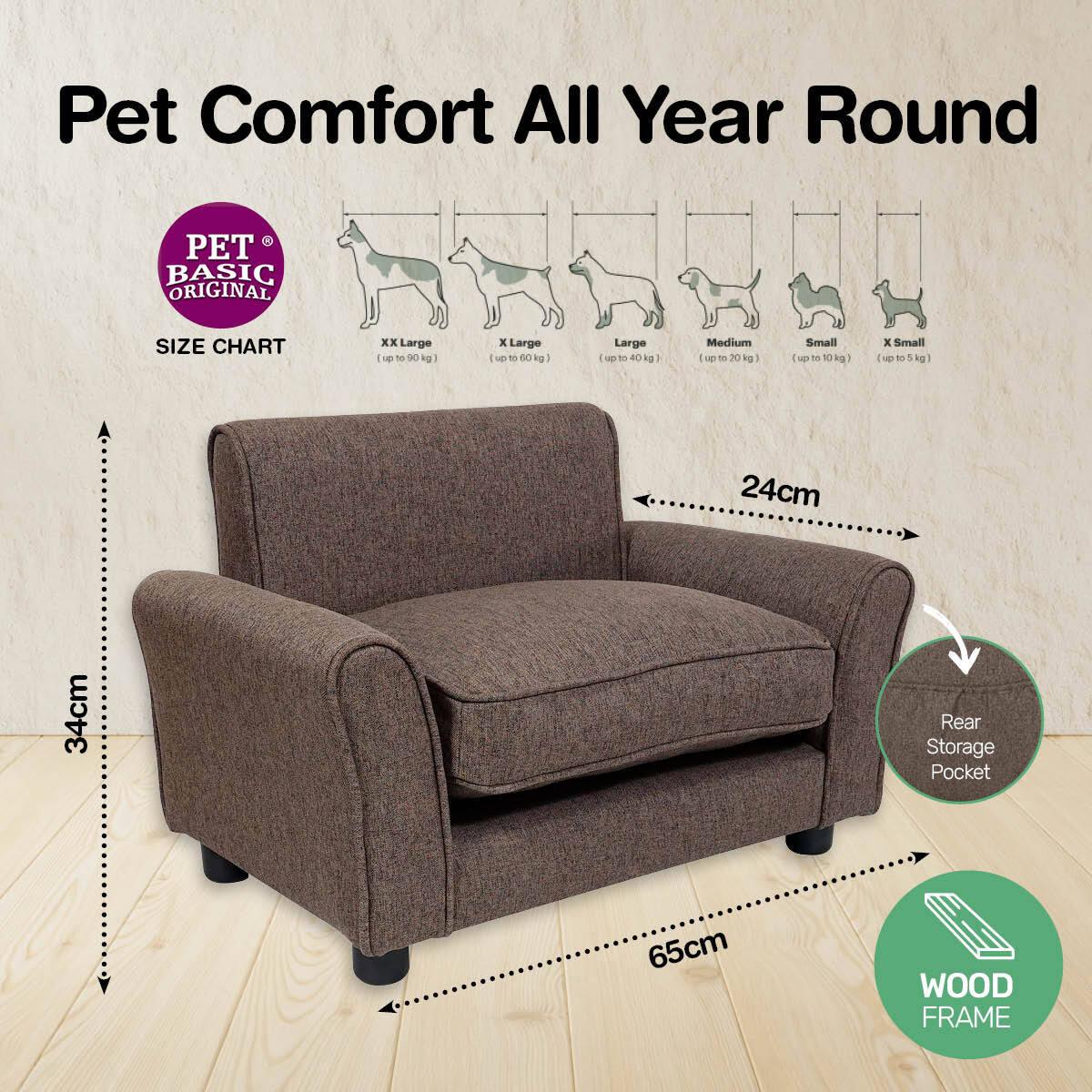 Pet Basic Pet Chair Bed Stylish Luxurious Sturdy Washable Fabric Brown 65cm - John Cootes
