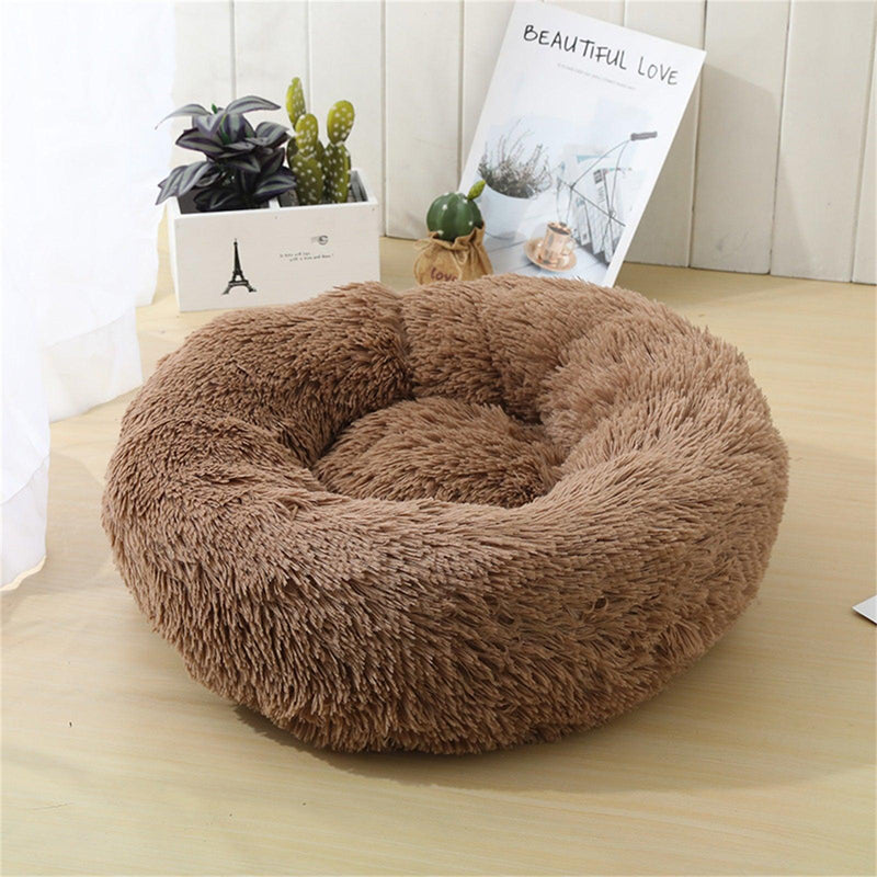 Pet Dog Bedding Warm Plush Round Comfortable Nest Sleeping kennel Coffee M 70cm - John Cootes