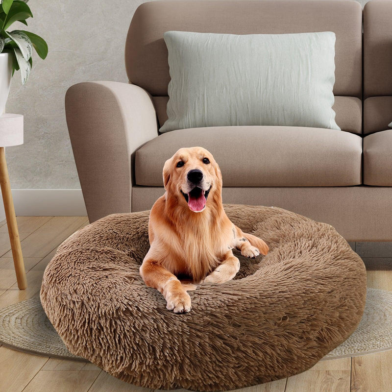 Pet Dog Bedding Warm Plush Round Comfortable Nest Sleeping kennel Coffee M 70cm - John Cootes