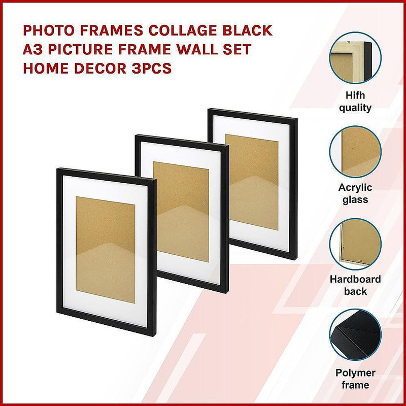 Photo Frames Collage Black A3 Picture Frame Wall Set Home Decor 3PCS - John Cootes
