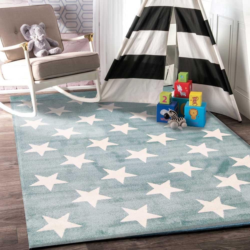 Piccolo Aqua White Stars Kids Rug 120x170cm - John Cootes