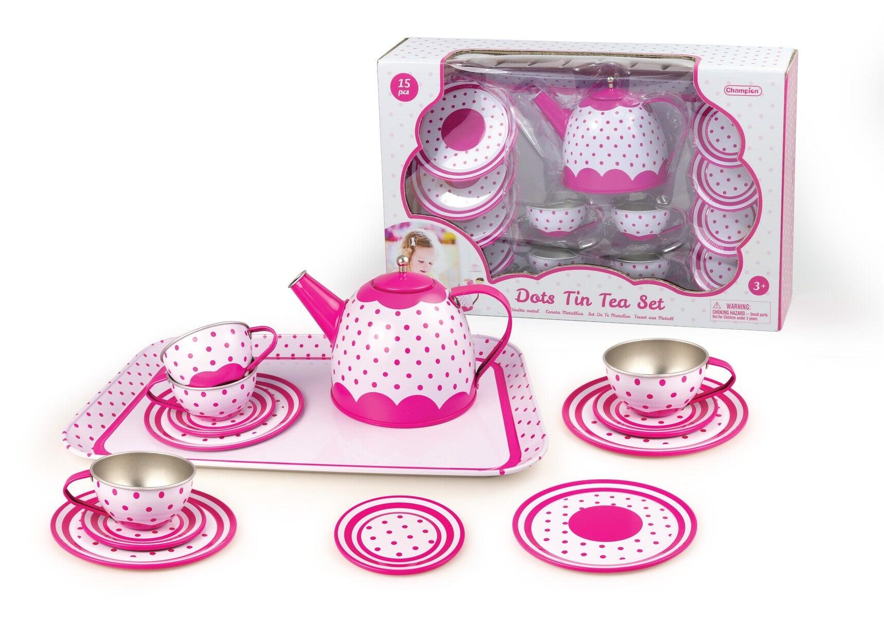 PINK POLKA DOT TIN TEA SET 15PC - John Cootes