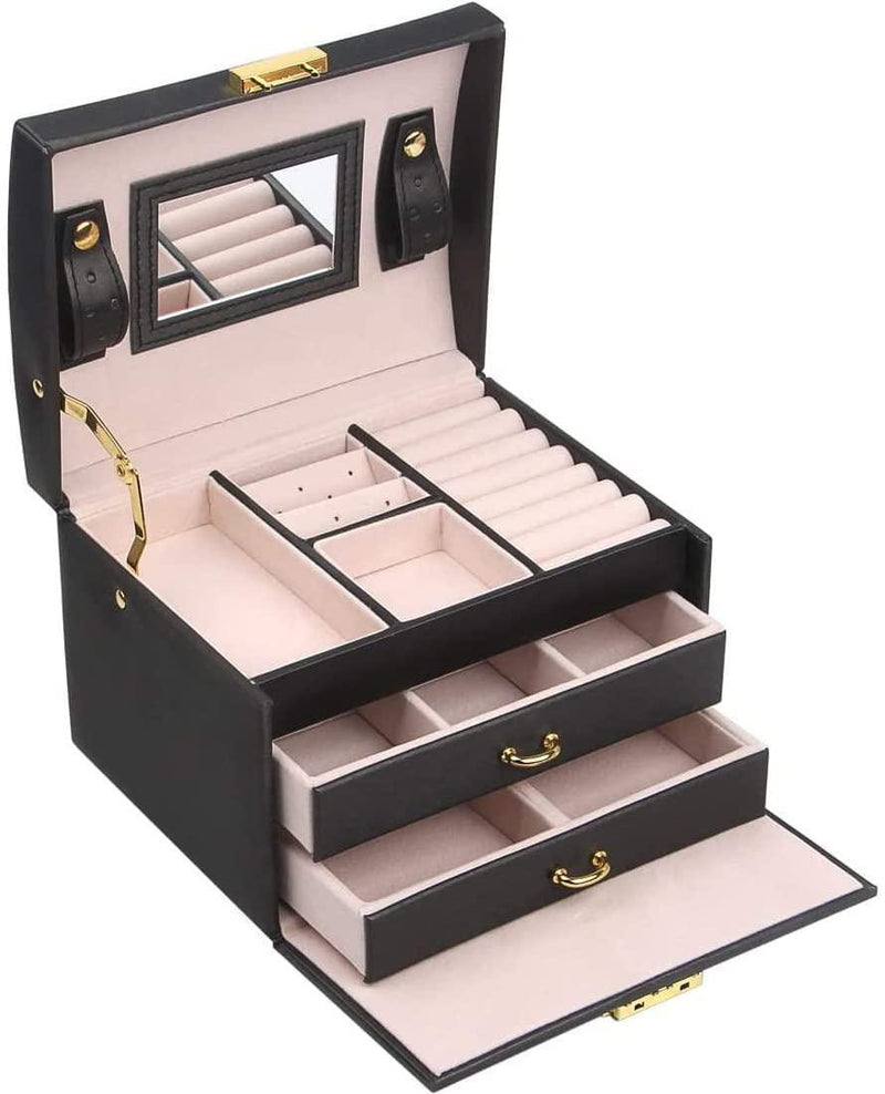 Portable Travel Jewelry box with three-layer PU leather storage box, mirror and lock - John Cootes