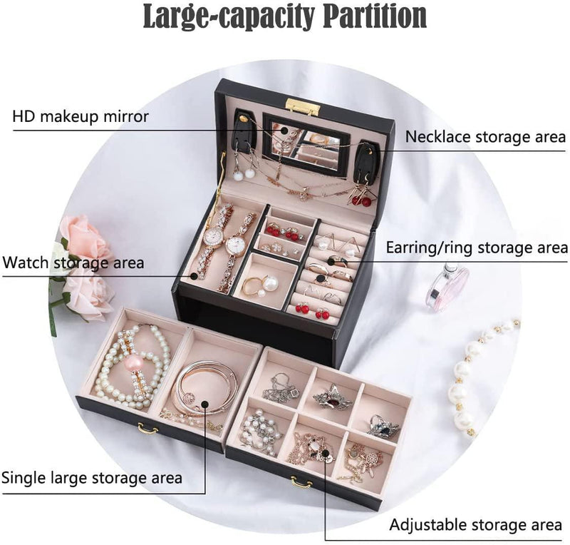 Portable Travel Jewelry box with three-layer PU leather storage box, mirror and lock - John Cootes