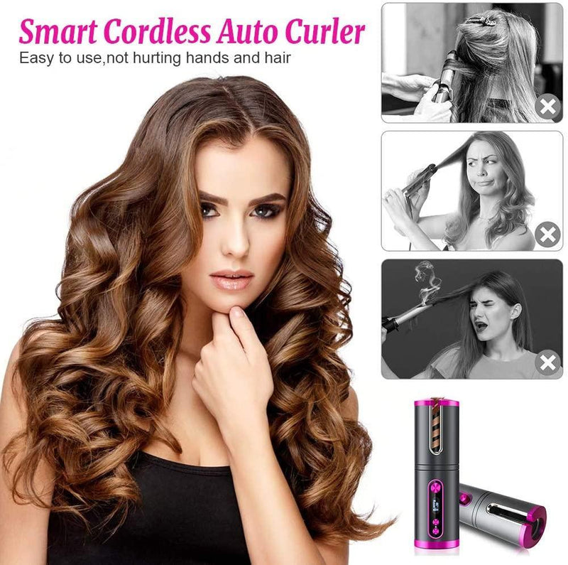 Portable Wireless Automatic Hair Curler for Travel with LED Temperature Display, Timer and USB Rechargeable (Pink) - John Cootes