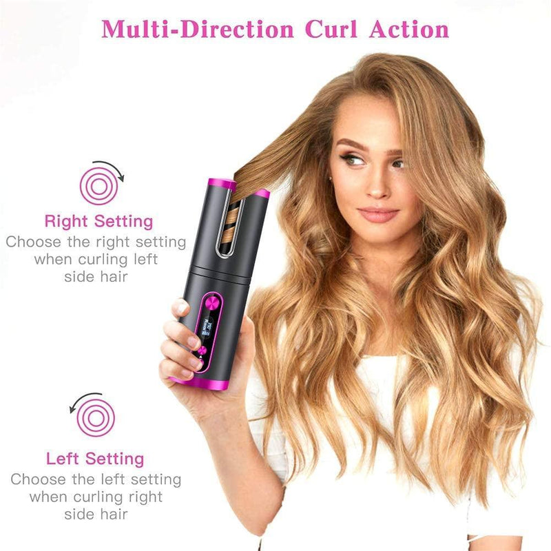Portable Wireless Automatic Hair Curler for Travel with LED Temperature Display, Timer and USB Rechargeable (Pink) - John Cootes