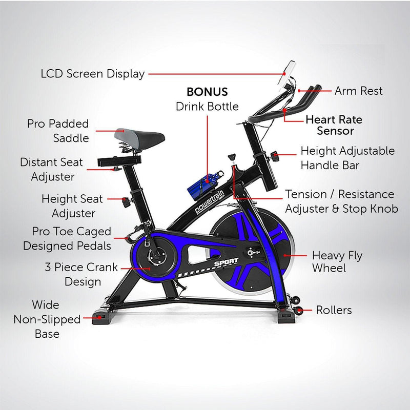 Powertrain Home Gym Flywheel Exercise Spin Bike - Blue - John Cootes