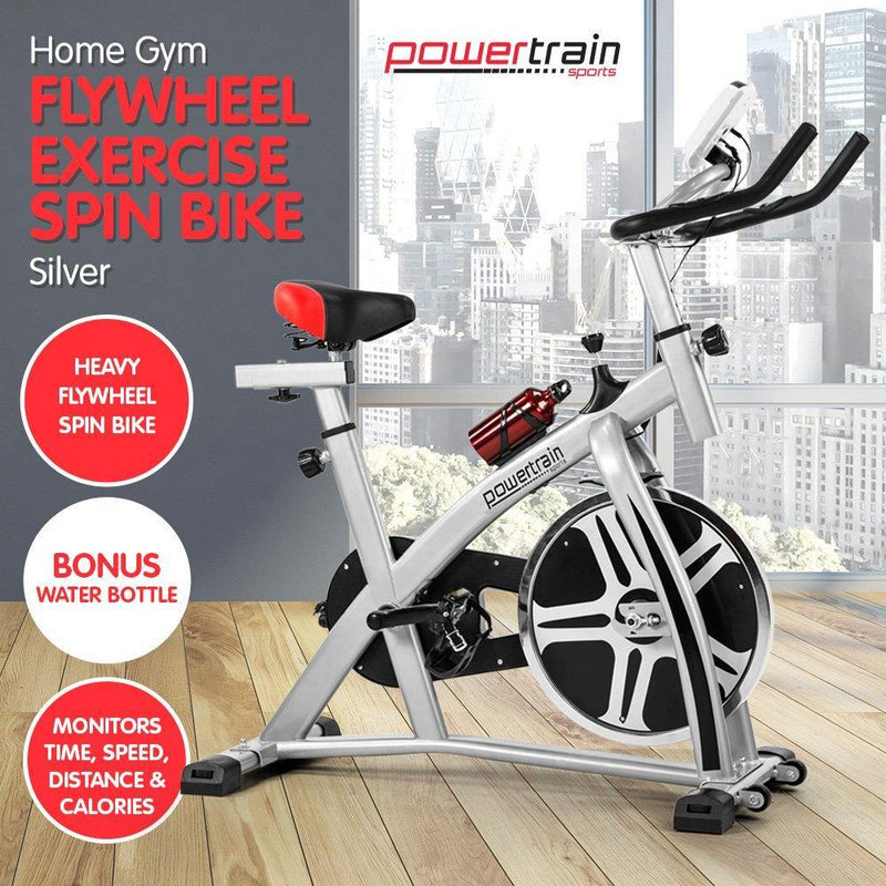 Powertrain Home Gym Flywheel Exercise Spin Bike - Silver - John Cootes