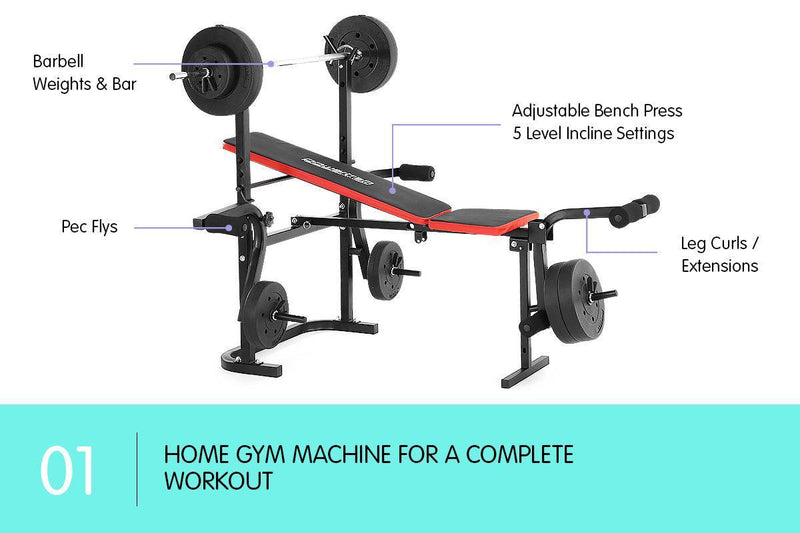 Powertrain Home Gym Workout Bench Press with 45kg Weights - John Cootes