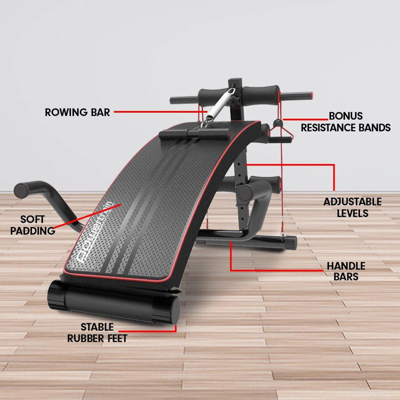 Powertrain Incline Sit-Up Bench with Resistance Bands and Rowing Bar - John Cootes