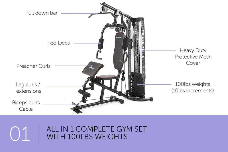Powertrain Multi Station Home Gym with 45kg Weights Preacher Curl Pad - John Cootes
