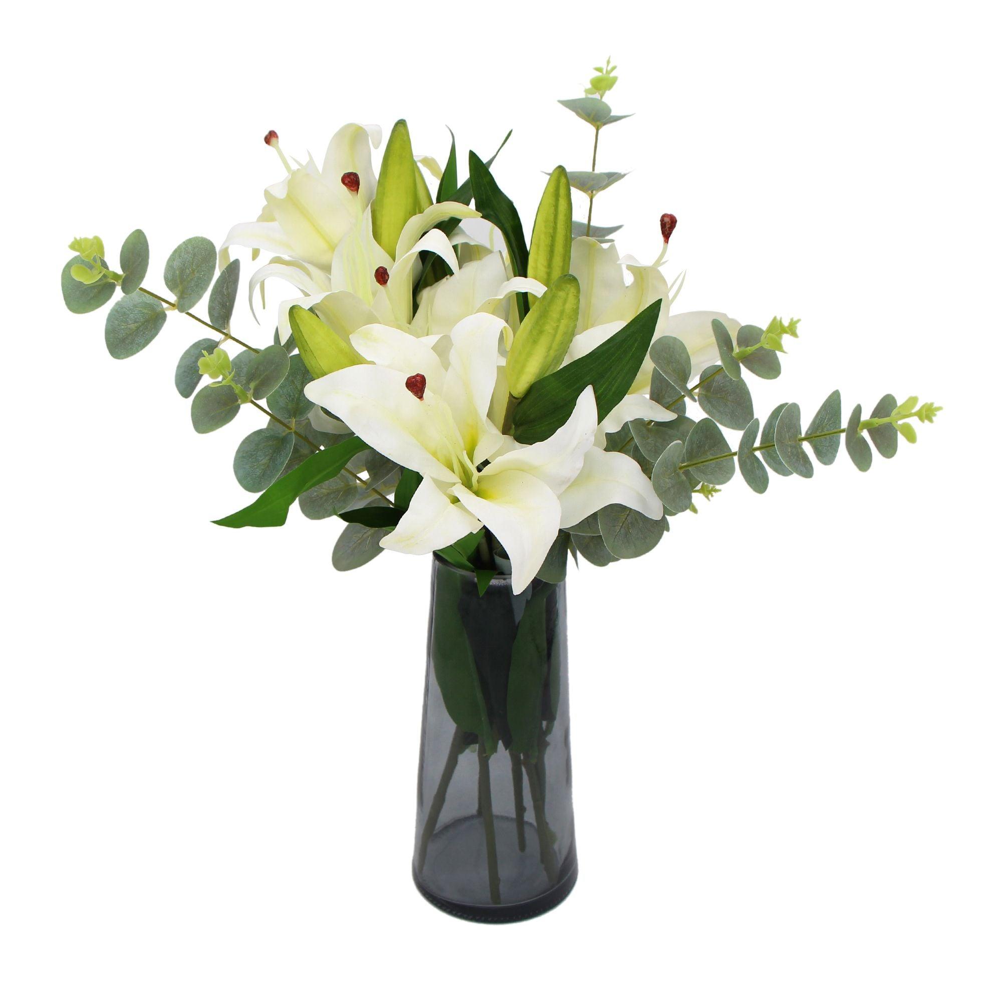 Premium Faux White Lily In Glass Vase (Tiger Lily Bouquet With Eucalyptus) - John Cootes