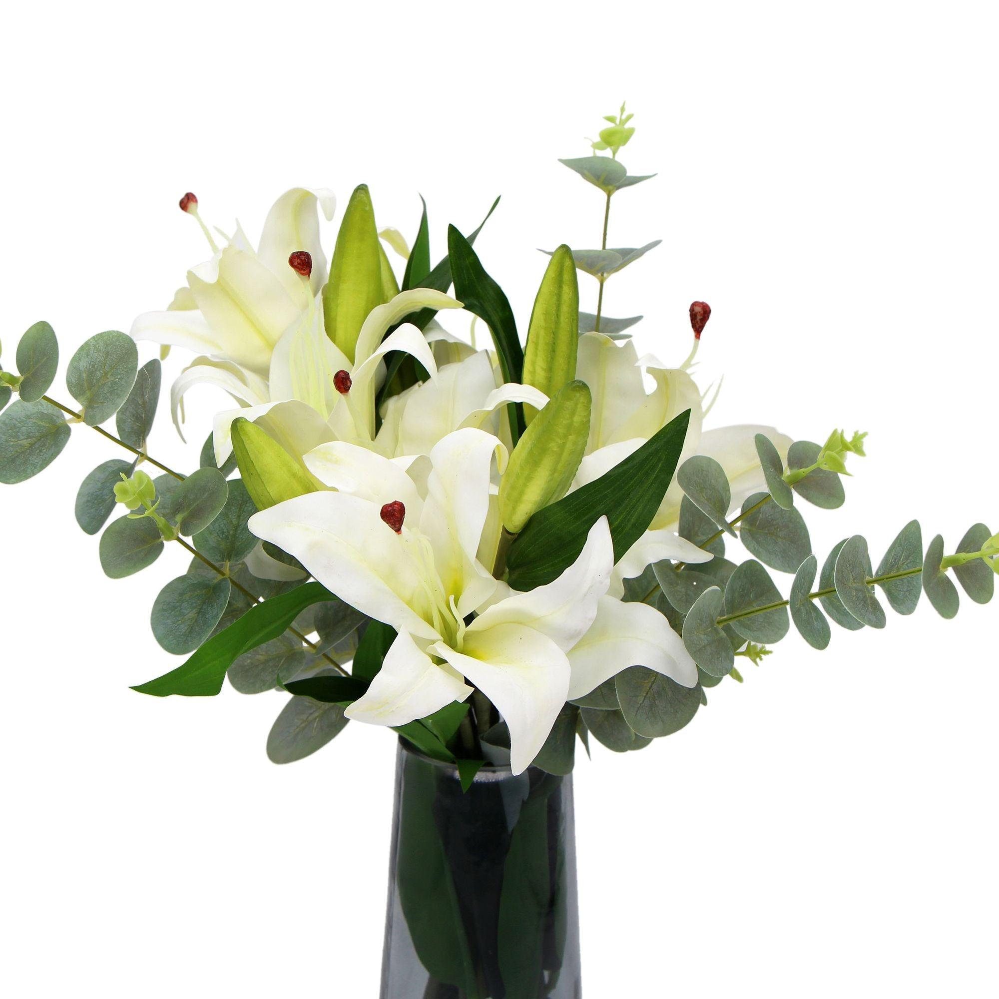 Premium Faux White Lily In Glass Vase (Tiger Lily Bouquet With Eucalyptus) - John Cootes